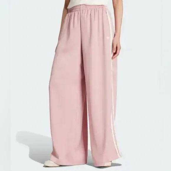 ADIDAS ORIGINALS SATIN WIDE LEG PANTS RUFFLE 3-STRIPES Women’s L New - Picture 1 of 11